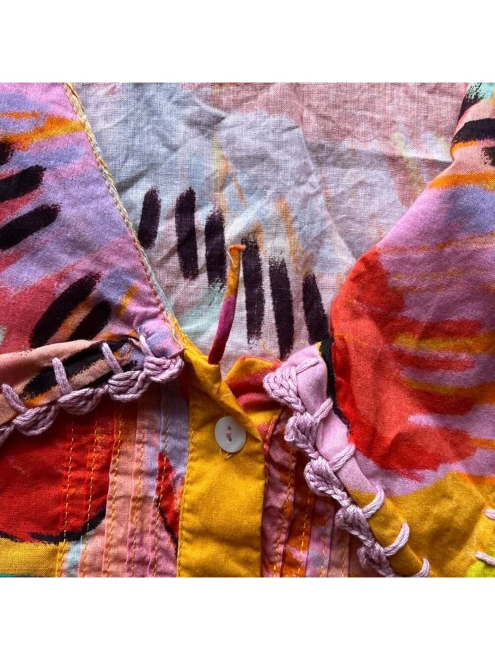 Farm Rio Neon Macaws Collar Puff Sleeve Med Blouse Boho Festival Tropical Vacay - Picture 3 of 7